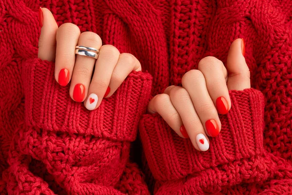 Manicured Womans Hands Warm Wool Red Sweater Fashionable Valentines Day — Stock Photo, Image