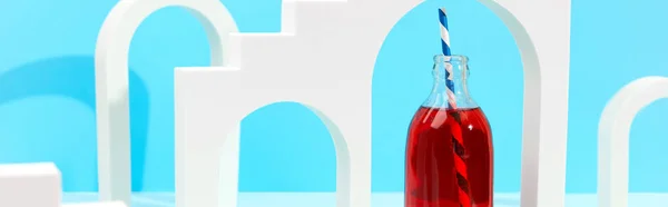 Creative Composition Cranberrie Lemonade Cocktail Bottle Blue Background Summer Refreshing — Stock Photo, Image