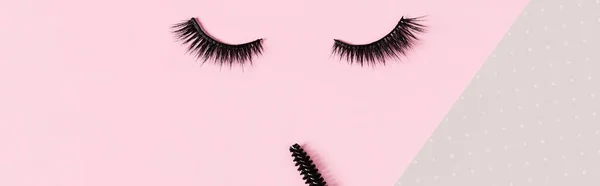 Creative Layout Eyelashes Brush Mascara Closed Eyes Pastel Pink Background — Stock Photo, Image
