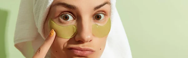 Woman Sunlight Eye Patches Pastel Green Background Morning Skincare Routine — Stock Photo, Image