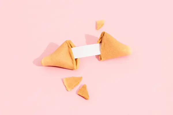 命运饼干在粉红的背景和深深的长影 用来预测单词的空白纸 餐馆社交媒体的背景模型 图库图片