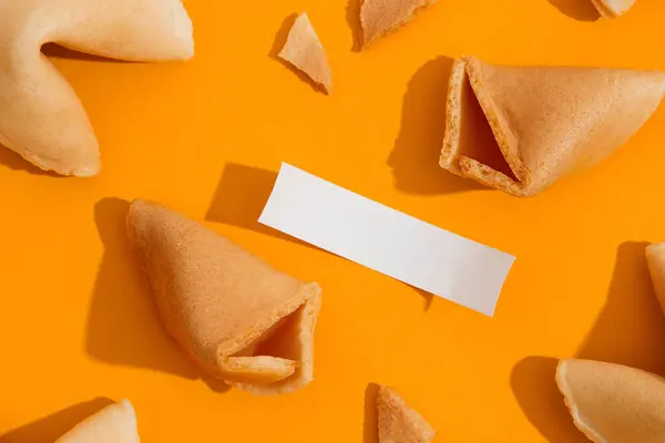 在橙色背景下的幸运饼干 有着长长的阴影 用来预测单词的空白纸 餐馆社交媒体的背景模型 免版税图库照片