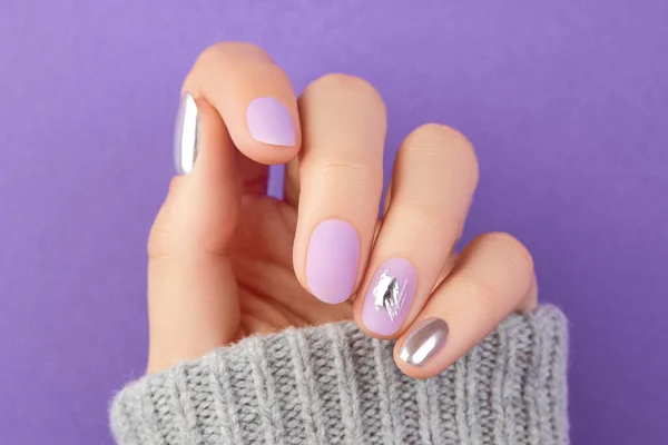 Close Womans Hand Matte Lavender Nail Design Purple Background Manicure — Stock Photo, Image