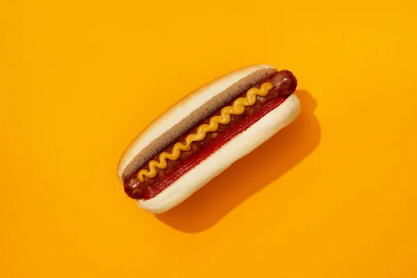 Classic Hot Dog Wurst Ketchup Mustard Orange Background Restaurant Menu — Stock Photo, Image