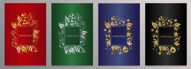 Lüks Noel örtüleri. Kırmızı, yeşil, mavi ve siyah arkaplanda altın ve gümüş renkli şenlik sembolleri olan çerçeve.