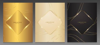 Luxury gold covers. Abstract geometric template with bright gold wavy lines and logo frame. Modern brochures and backgrounds in gold, delicate pink and black.