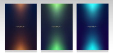 Işıklar soyut örtü seti. Koyu mavi arka planda turuncu, yeşil ve açık mavi ışıklar. Parlak efekt.