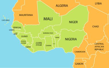 Batı Afrika Ülkeleri Ekonomik Topluluğu Haritası kapanıyor. Ecowas 15 ülkeyi bir araya getiriyor. Düz illüstrasyon grafik tasarımı.
