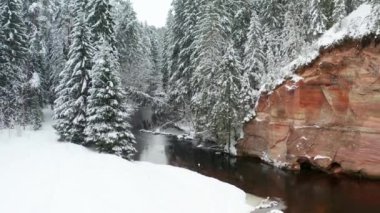 Aerial view of sandstone cliffs and forest on the banks of Ahja river located at Taevaskoja, Estonia during a cold and snowy winter day