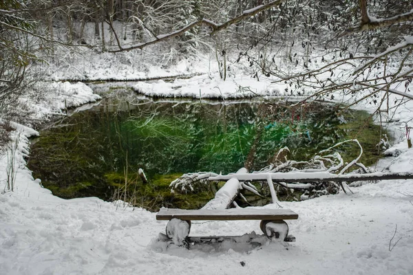 Пустая Деревянная Скамейка Покрытая Снегом Перед Голубыми Источниками Солы Пасмурный — стоковое фото