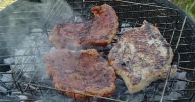 Izgarada pişmiş domuz etinin yakın çekim görüntüleri. Barbekü ızgarasında ızgara şiş kebap. Yaz mevsiminde açık hava barbekü partisi.