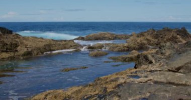 Güçlü dalgalar Fuerteventura adasındaki siyah volkanik kayalara çarpıyor ve köpürüyor. Seyahat ve tatil kavramı.