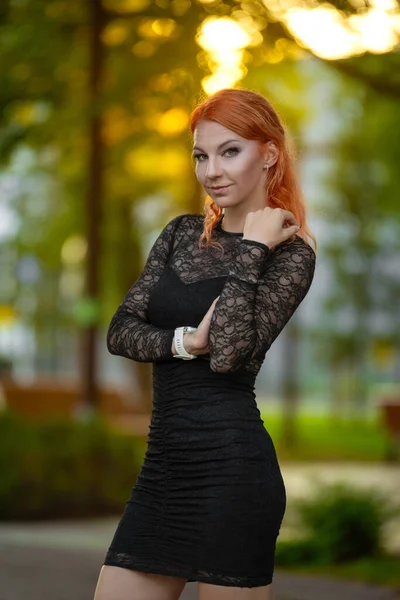 Portrait Pretty Young Woman Red Hair Wearing Short Lace Black — Stock Photo, Image