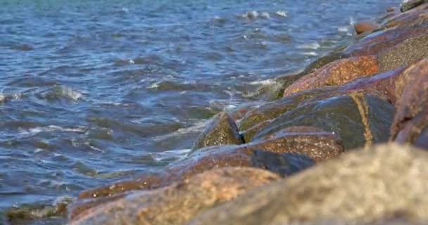 Close Ondas Mar Brincando Acariciando Pedras Costa Uma Dança Hipnotizante — Vídeo de Stock