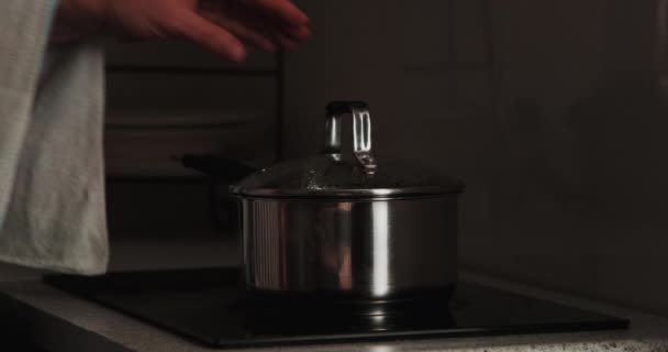 Mutfaktaki Elektrikli Ocakta Yemek Pişiren Genç Bir Kadının Yakın Çekim — Stok video