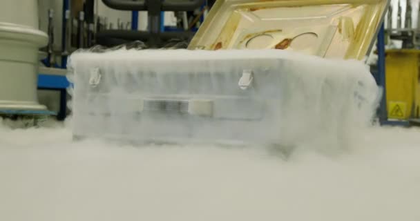 Reakcja Kriogeniczna Ciekły Azot Wyparowywany Metalowego Pudełka Zbliżenie Materiału Naukowych — Wideo stockowe