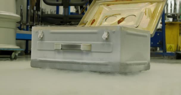 Cryogenic Reaction Liquid Nitrogen Vaporizing Vintage Metal Box Close Footage — Stock Video