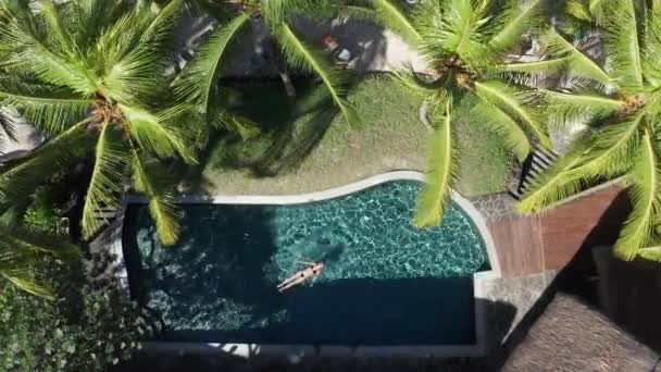 Wyspa Oaza Drone Captures Caucasian Woman Relishing Pool Swim Tropical — Wideo stockowe