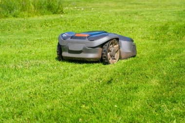Bahçedeki Robotik Çim Biçme Makinesi Çimleri. Sunny Day 'de Yeşil Çimleri Koruyan Otomatik Çim Makinesi