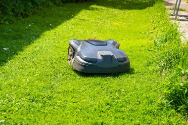 Sunlit Yard 'daki Modern Otomatik Çim Kesme Makinesi. Otonom Bahçe Bakım Teknolojisi.