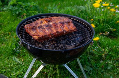 Arka bahçedeki Rack of Ribs 'in ağız sulandıran ızgarası. Mükemmel Jöleli Barbekü Et Sıcak Kömürlerin Üzerinde Cızırdıyor