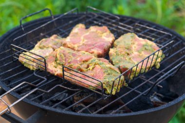 Arka bahçede ızgaraya hazır et ile barbekü. Mangal Kömürü Izgarası Kablo Sepetinde Mevsimlik Kesiklerle Dolu
