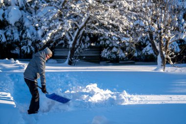 Kış mevsiminde Arka Bahçe Yolu 'ndan Kıdemli Kadın Karı Temizliyor. Kış mevsiminde karla kaplı ağaçlarla mülkün bakımını yapan yaşlı bir kişi