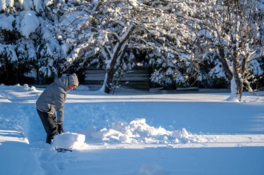 Kış mevsiminde Arka Bahçe Yolu 'ndan Kıdemli Kadın Karı Temizliyor. Kış mevsiminde karla kaplı ağaçlarla mülkün bakımını yapan yaşlı bir kişi