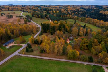 Kırsal kesimin hava manzarası kırsal bölgedeki renkli sonbahar ormanlarının içinden geçiyor. Dağınık evler ve yukarıdan yeşil alanlar altın sonbahar yapraklarıyla çevrili