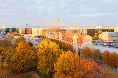 Tallinn, Estonya - 30 Ekim 2020 Tallinn şehir merkezinin renkli sonbahar yeşillikleri ve gökdelenleri içeren insansız hava aracı çekimi. Tarihsel Estonya şehri mevsimsel doğayla çağdaş gelişimi harmanlamıştır.