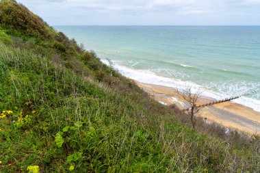 Cromer, Norfolk, İngiltere 'de el değmemiş bir sahile bakan dramatik sahil kayalıkları. Kumlu kıyı şeridi ve turkuaz denizin üzerindeki kayalıkları yemyeşil bitki örtüsü kaplıyor.