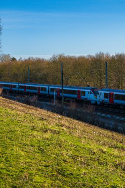 Modern Greater Train on Railway Track During Winter Afternoon in Essex, England. Passenger Service Train with Blue and Red Livery Against Natural Woodland Background