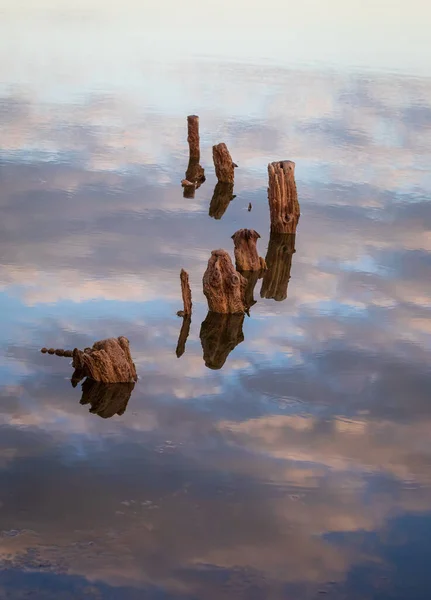 Morsche Holzpfähle Stillen Wasser Die Den Himmel Des Sonnenuntergangs Widerspiegeln — Stockfoto
