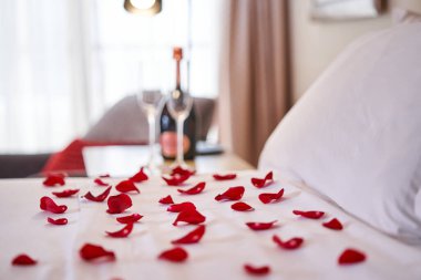 Yukarıdan yatak örtüleri ve dağınık kırmızı gül yaprakları ve otel odasındaki komodindeki bardaklı bir şişe şampanyayla kaplı yastıklarla kaplı.