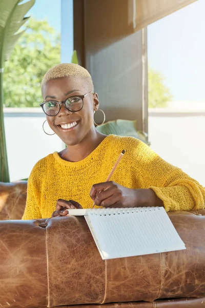 Portrait Smiling African American Woman Writing Diary Sitting Couch Home — Stock Photo, Image