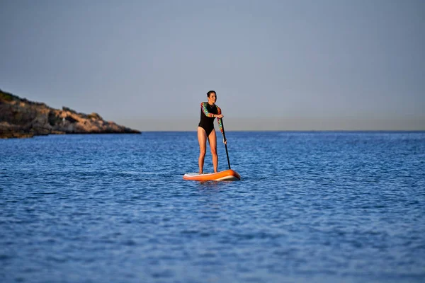 Full Body Slim Female Surfer Swimwear Standing Sup Board Rowing — Stock Photo, Image