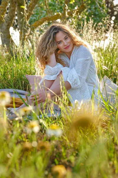 Sensitive Young Female Wearing White Sundress Touching Wavy Hair Looking — Stock Photo, Image