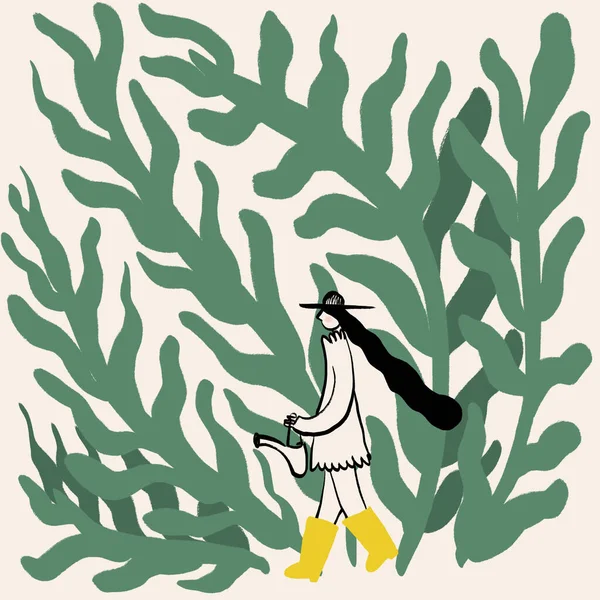 帽子の長い黒い髪と水やりのある背の高い緑の植物の近くを歩いている黄色いガムボットの若い女性の庭師の側面の図 — ストック写真