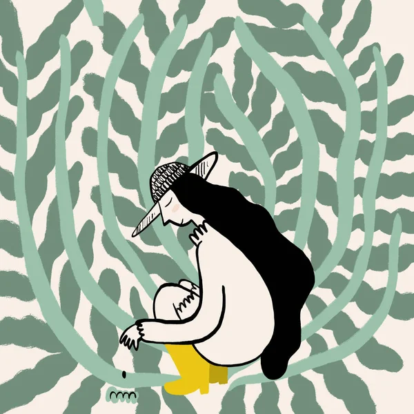 浅谈黄靴 草帽长发女农民坐在后腿上照料绿色植物的侧视图设计 — 图库照片
