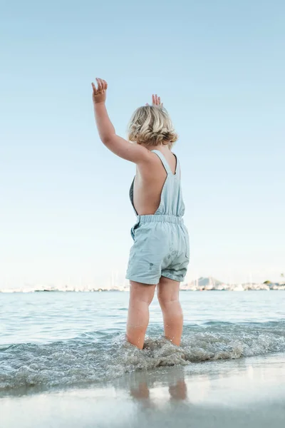 Rückansicht Eines Nicht Wiederzuerkennenden Kleinkindes Freizeitkleidung Das Strand Steht Und — Stockfoto