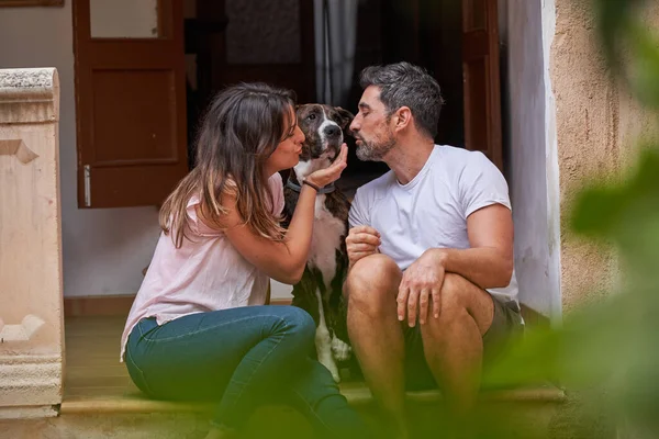 Loving woman and man with eyes closed resting on stairs and caressing dog with fondness together