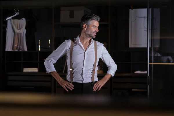 Glad Middle Aged Man White Shirt Black Pants Suspenders Looking — Stock Photo, Image