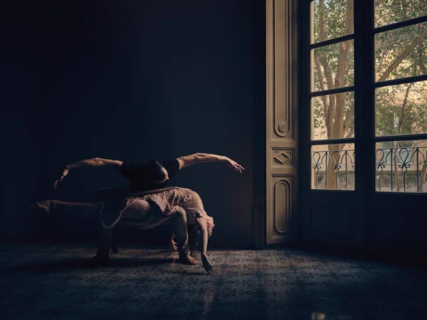 Corpo Pieno Ballerina Sdraiata Sulle Ginocchia Dell Uomo Mentre Esegue — Foto Stock