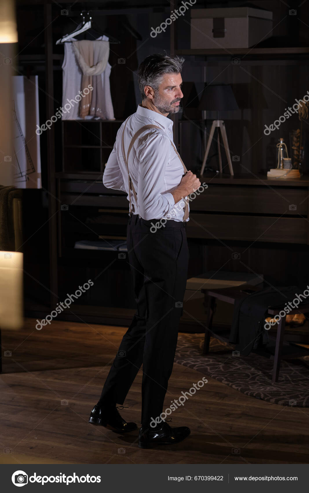 Handsome Bearded Mature Male Elegant White Shirt Black Trousers Suspenders  — Stock Photo © addictivestock #670399422