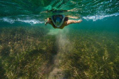 Dalış maskeli anonim dalgıcın tatilde okyanusun derinliklerinde yüzerken sualtı görüntüsü.