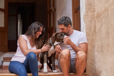 Gülümseyen kadın ve erkek sıradan kıyafetler içinde merdivenlerde oturup sevimli köpeklerle oynarken eğleniyorlar.