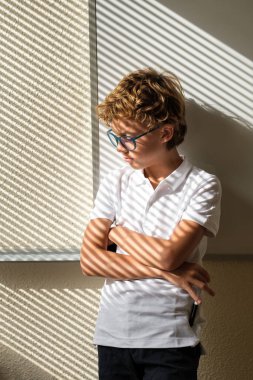 Gözlüklü hayal kırıklığına uğramış bir öğrenci, kollarını kavuşturmuş, beyaz tahtanın yanında duruyor ve aşağıya bakıyor.