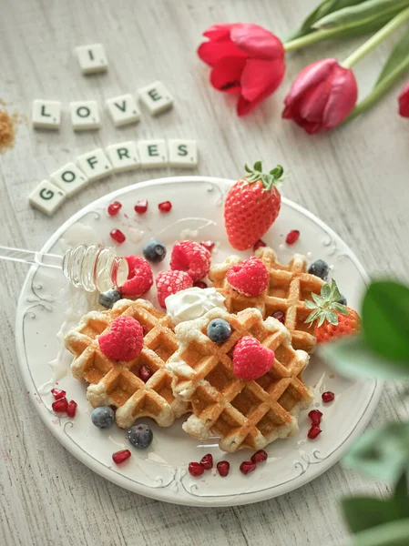 Sweet Waffles Topped Ripe Berries Served Table Tulips Love Gofres — Stock Photo, Image