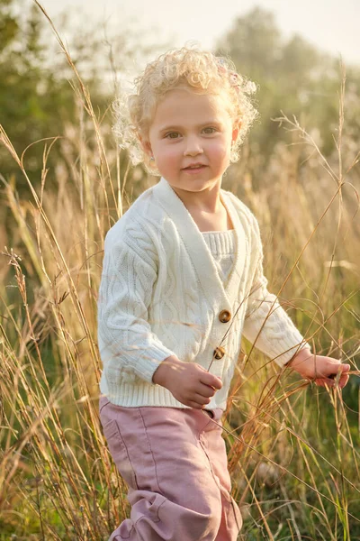 Αξιολάτρευτο Κοριτσάκι Σγουρά Μαλλιά Φορώντας Λευκό Πουλόβερ Στέκεται Στο Γρασίδι — Φωτογραφία Αρχείου