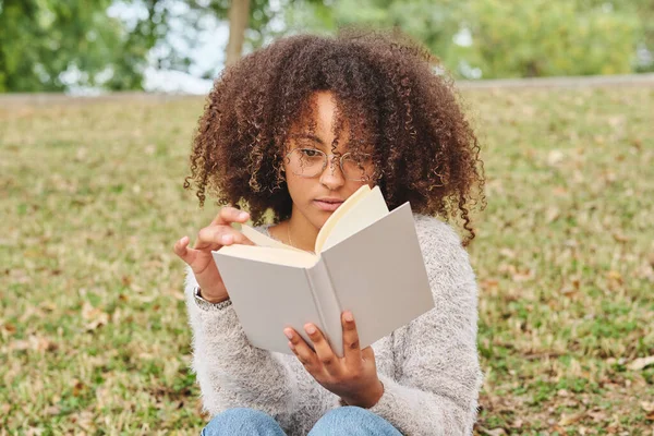 Focused African American Woman Afro Hairstyle Sitting Grass Reading Interesting — Stock Photo, Image
